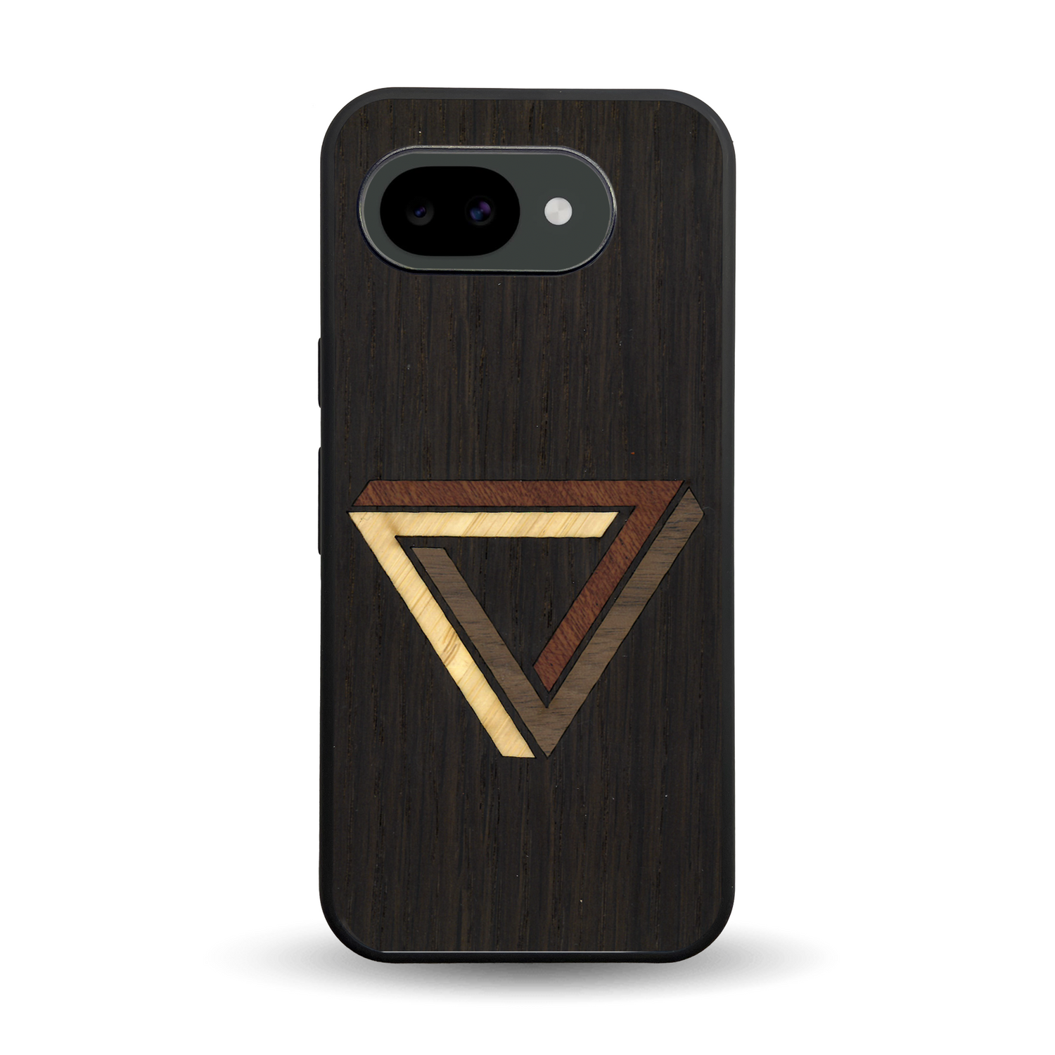 Coque de protection en bois véritable fabriquée en France pour Google Pixel 10A sur le thème de l'art géométrique qui allie du chêne fumé, du noyer, du bambou et du padouk représentant le triangle de penrose
