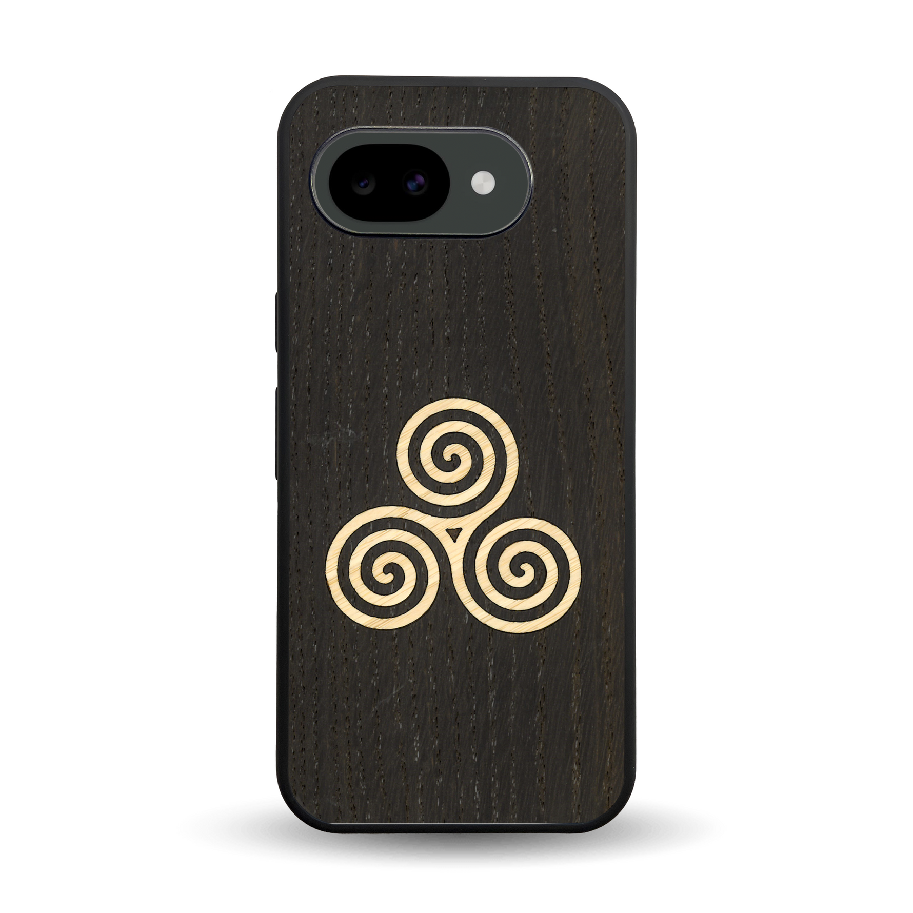 Coque de protection en bois véritable fabriquée en France pour Google Pixel 10A alliant du chêne fumé et du bambou et doré représentant un triskell
