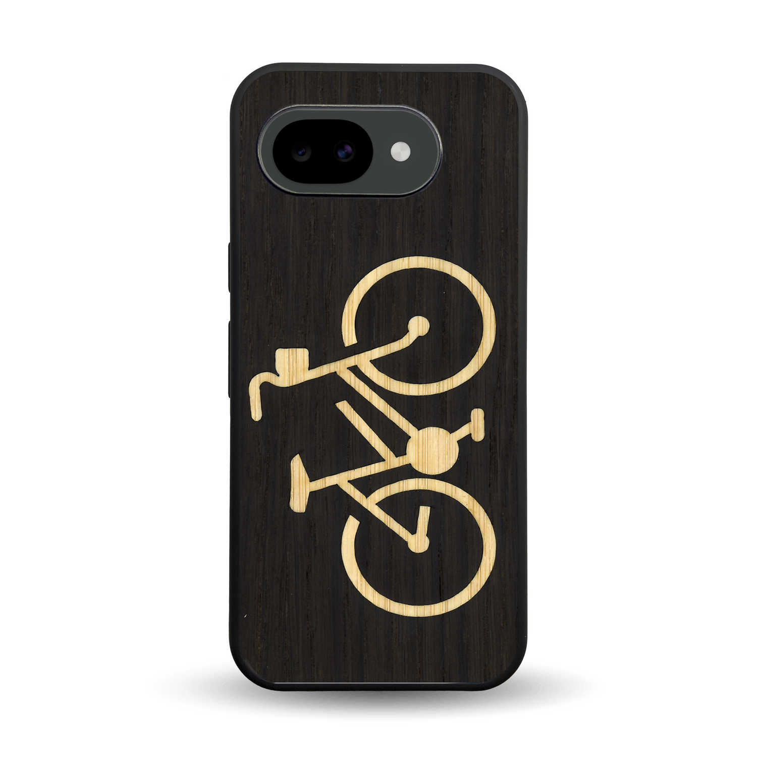 Coque de protection en bois véritable fabriquée en France pour Google Pixel 10A sur le theme du vélo et de l'outdoor qui allie du bambou et du chêne fumé représentant un vélo
