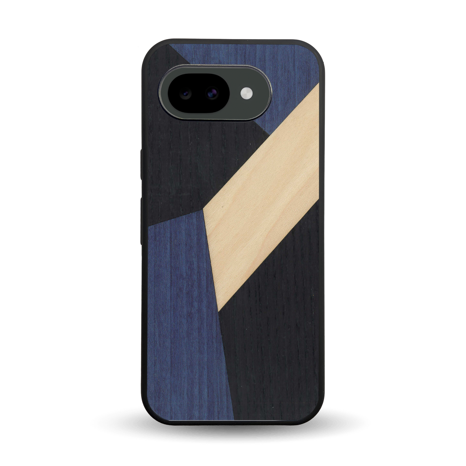 Coque de protection en bois véritable fabriquée en France pour Google Pixel 10A alliant du bambou, du tulipier bleu et noir en forme de mosaïque minimaliste sur le thème de l'art abstrait