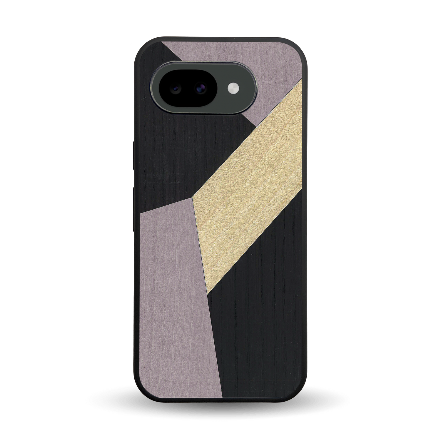 Coque de protection en bois véritable fabriquée en France pour Google Pixel 10A alliant du bambou, du tulipier mauve et noir en forme de mosaïque minimaliste sur le thème de l'art abstrait