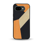 Coque de protection en bois véritable fabriquée en France pour Google Pixel 10A alliant du bambou, du tulipier orange et noir en forme de mosaïque minimaliste sur le thème de l'art abstrait