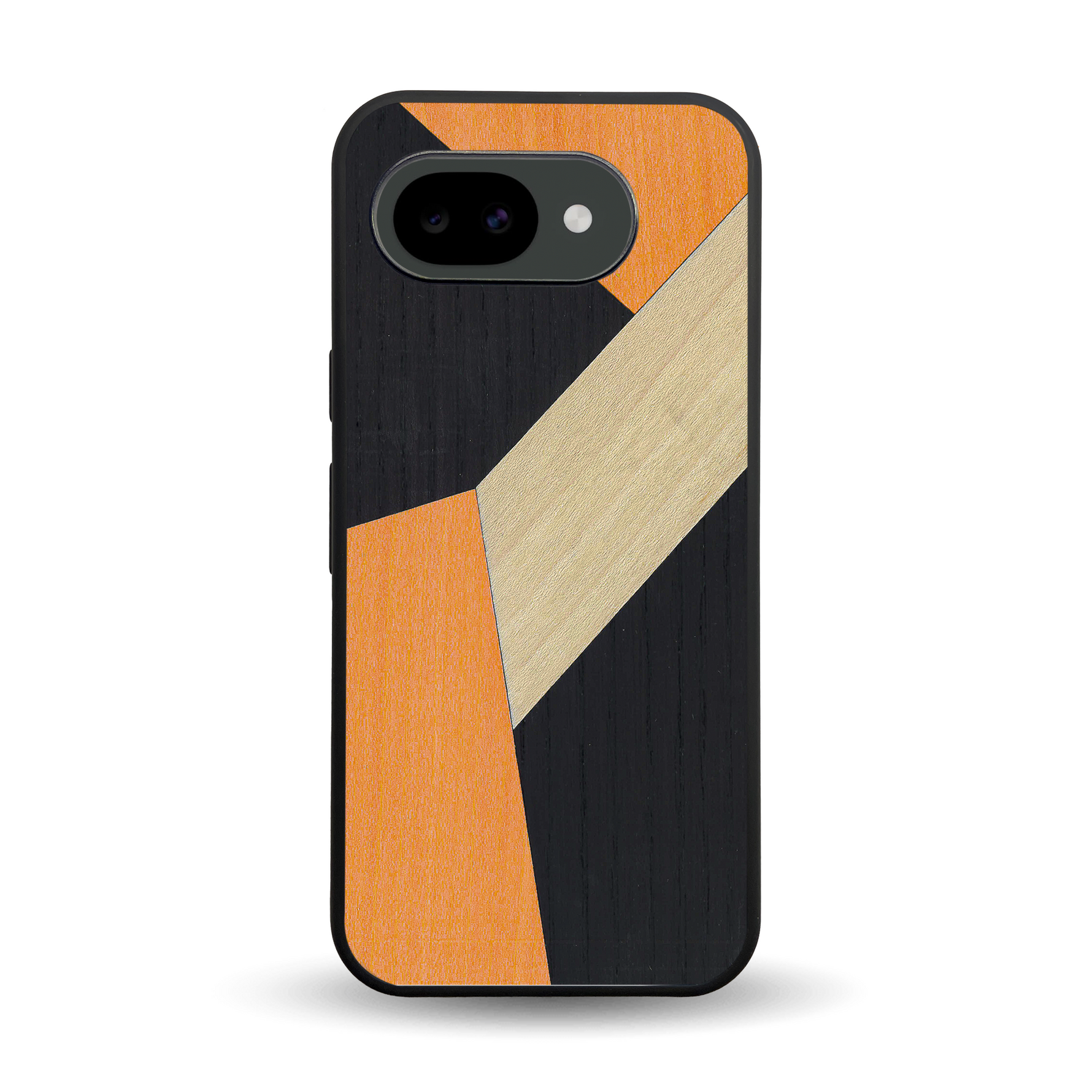 Coque de protection en bois véritable fabriquée en France pour Google Pixel 10A alliant du bambou, du tulipier orange et noir en forme de mosaïque minimaliste sur le thème de l'art abstrait