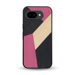 Coque de protection en bois véritable fabriquée en France pour Google Pixel 10A alliant du bambou, du tulipier rose et noir en forme de mosaïque minimaliste sur le thème de l'art abstrait