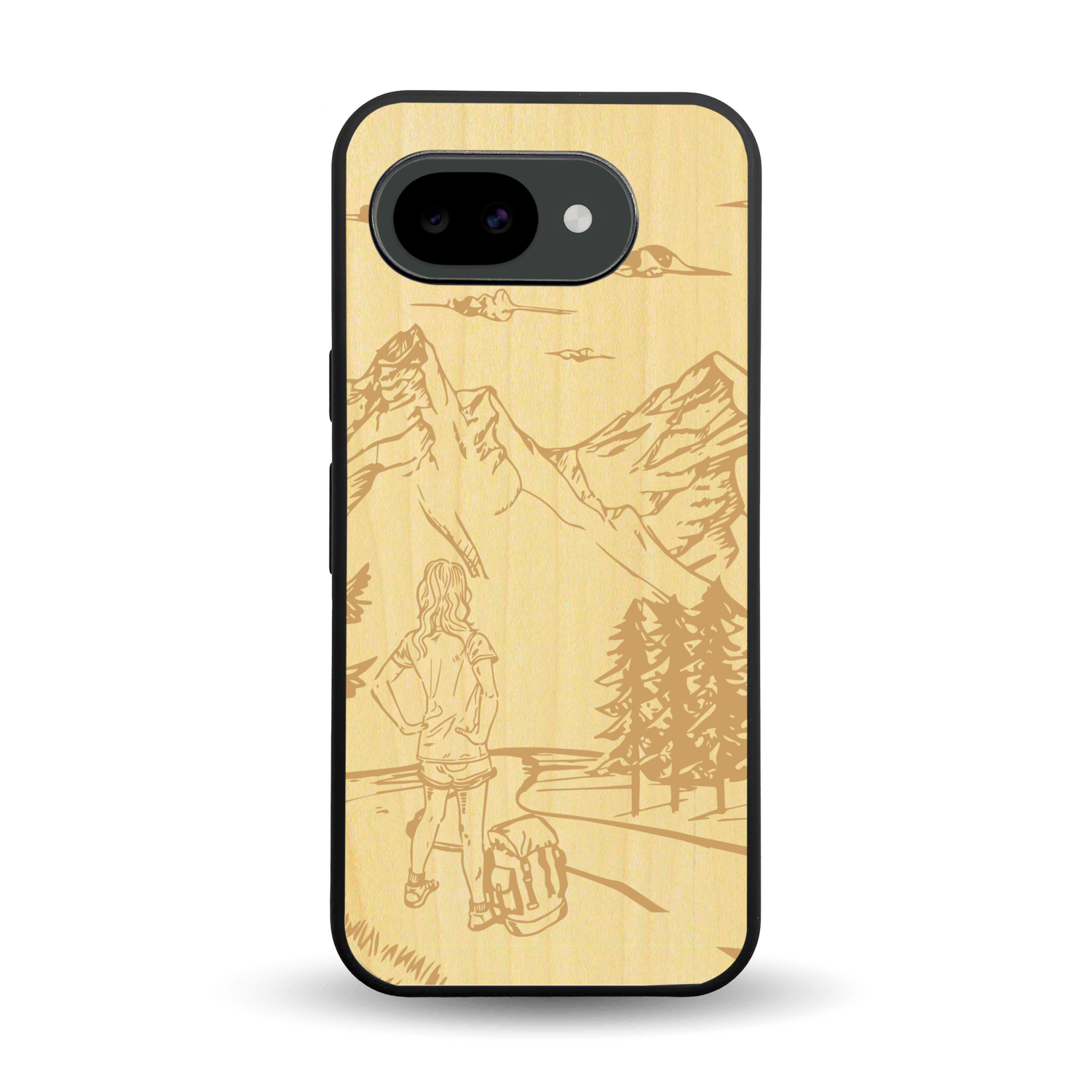 Coque de protection en bois véritable fabriquée en France pour Google Pixel 10A sur le thème de la randonnée en montagne et de l'aventure avec une gravure représentant une femme de dos face à un paysage de nature