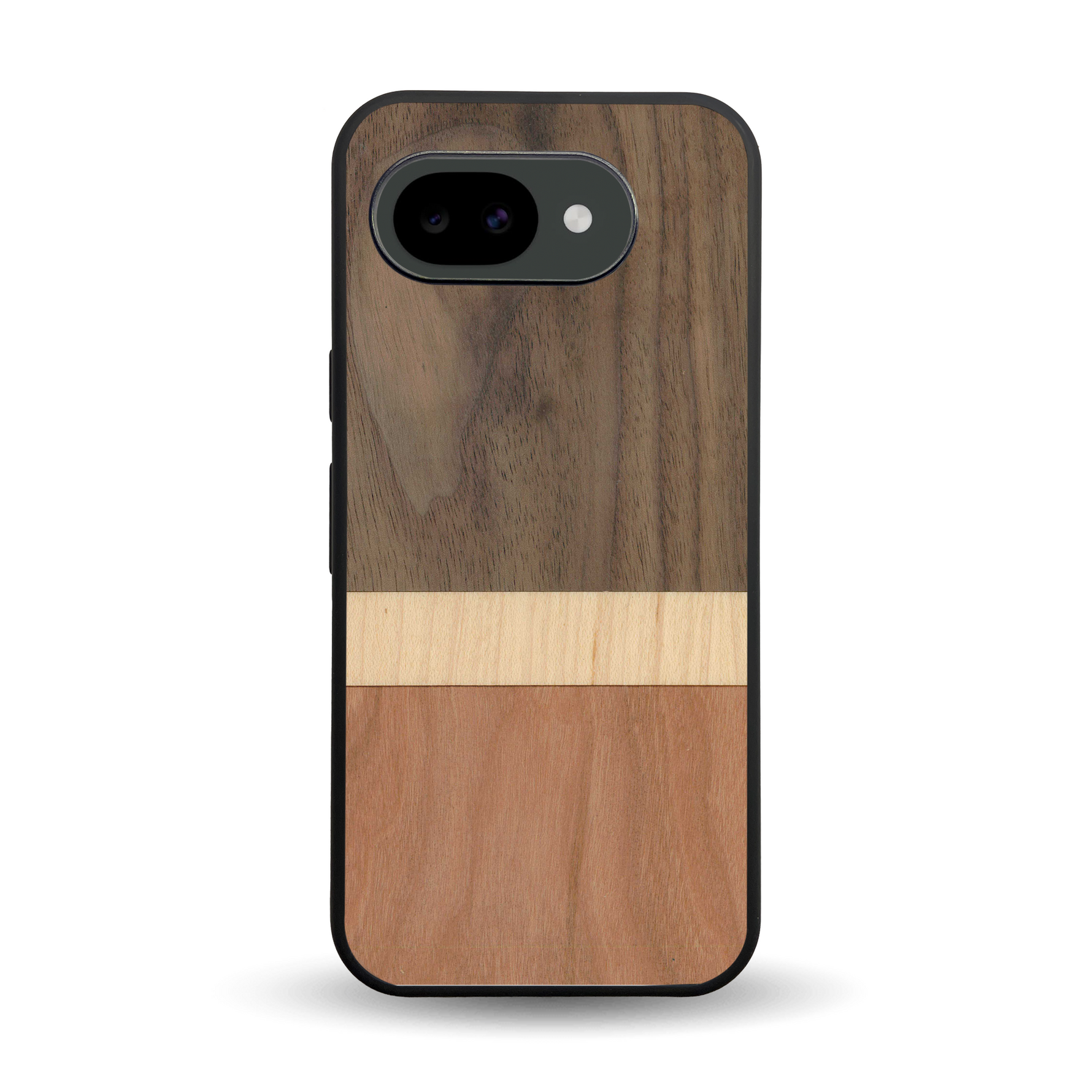 Coque de protection en bois véritable fabriquée en France pour Google Pixel 10A alliant des bandes horizontales de bambou, merisier et noyer