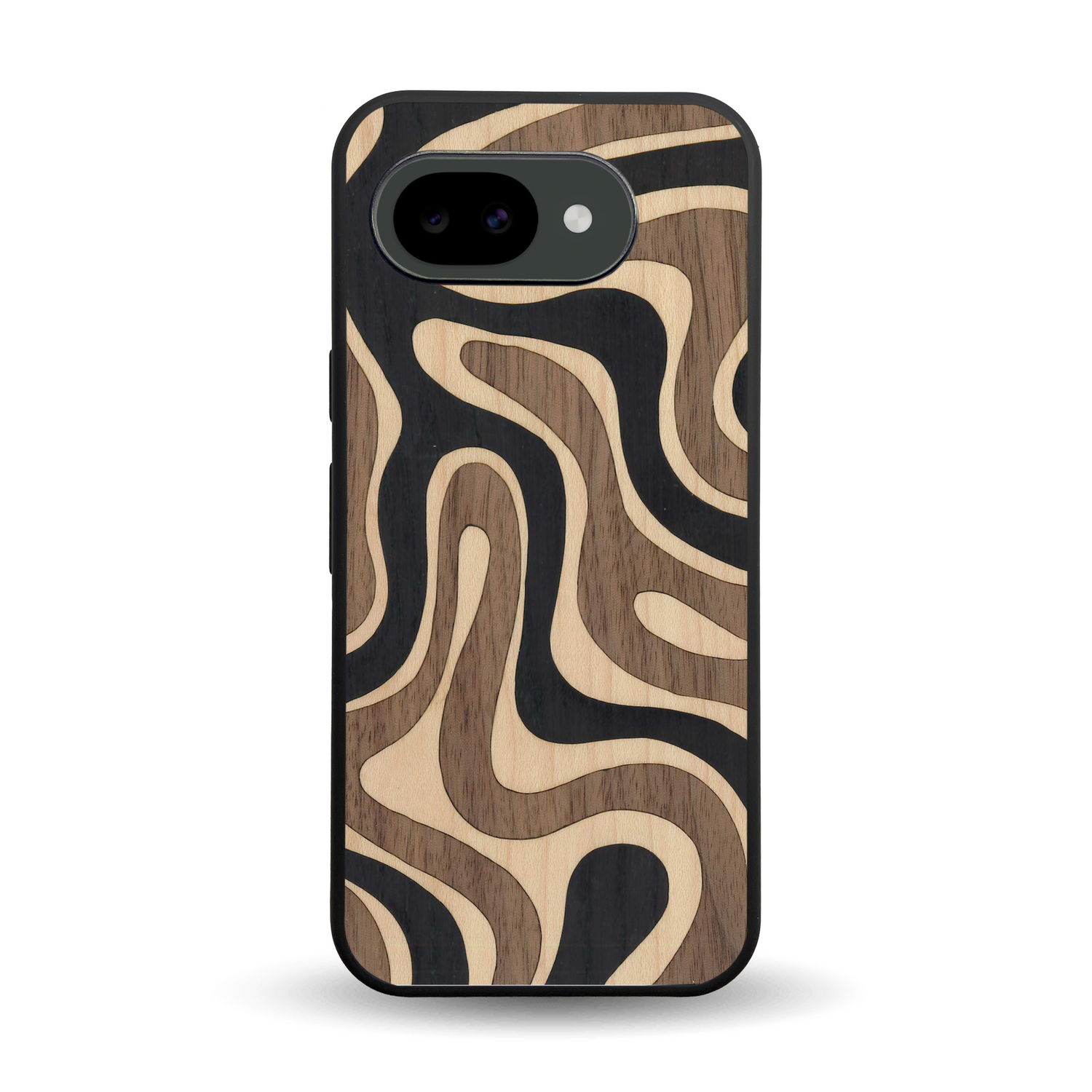 Coque de protection en bois véritable fabriquée en France pour Google Pixel 10A alliant plusieurs essences de bois pour représenter une ondulation