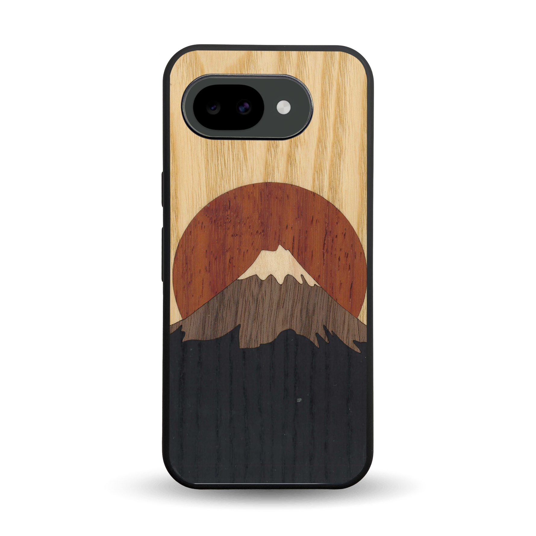 Coque de protection en bois véritable fabriquée en France pour Google Pixel 10A alliant plusieurs essences de bois pour représenter le mont Fuji