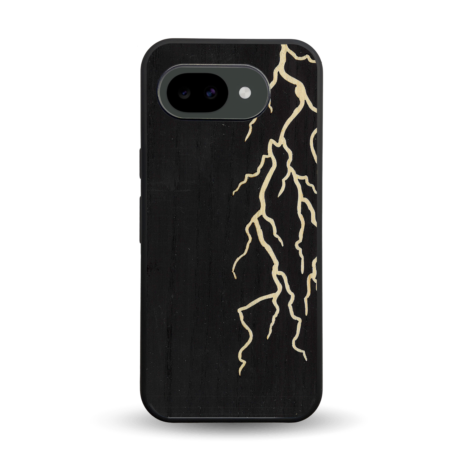 Coque de protection en bois véritable fabriquée en France pour Google Pixel 10A alliant plusieurs essences de bois pour représenter un éclair divin