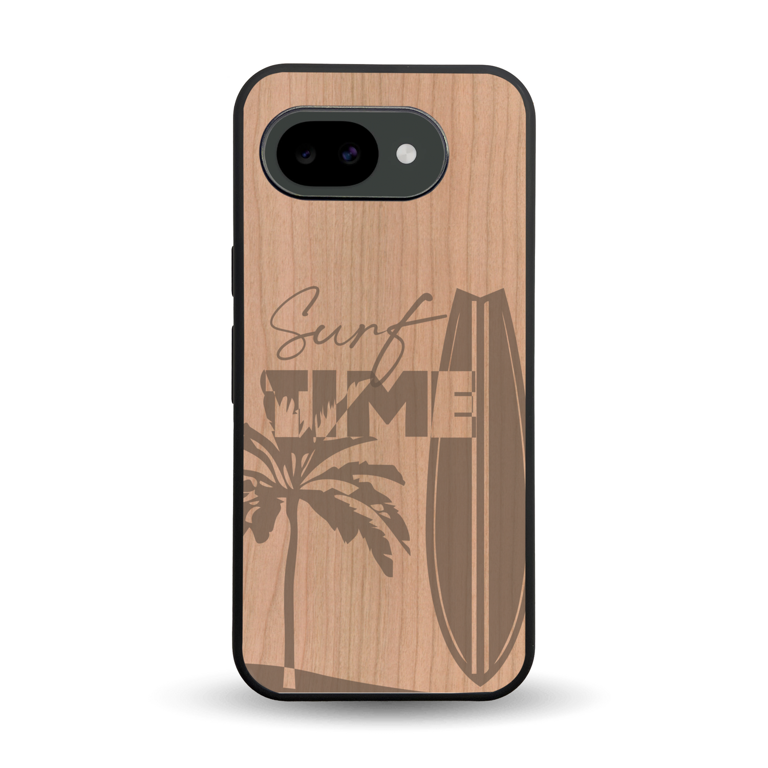 Coque de protection en bois véritable fabriquée en France pour Google Pixel 10A sur le thème chill avec un motif représentant une silouhette tenant une planche de surf sur une plage entouré de palmiers et les mots "Surf Time Long Beach Miami"
