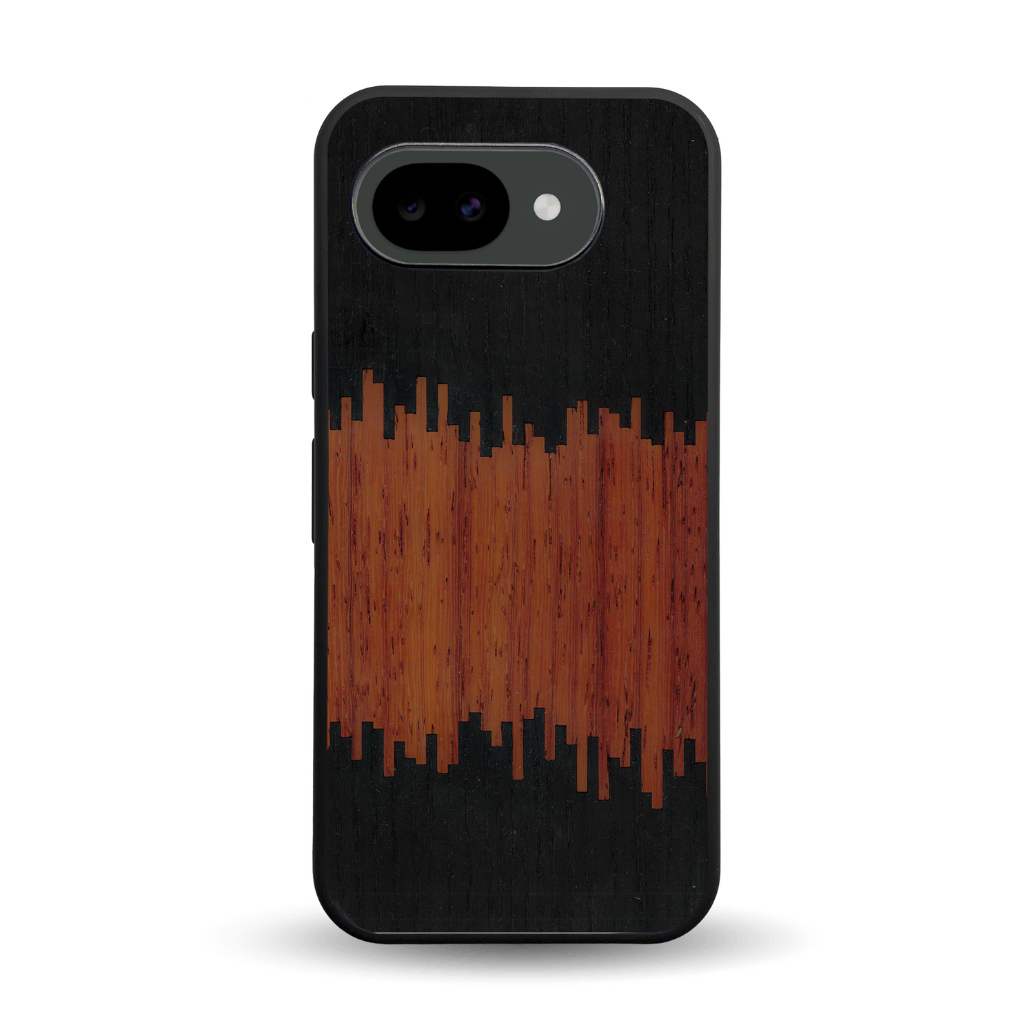 Coque de protection en bois véritable fabriquée en France pour Google Pixel 10A alliant plusieurs essences de bois pour représenter du magma en fusion