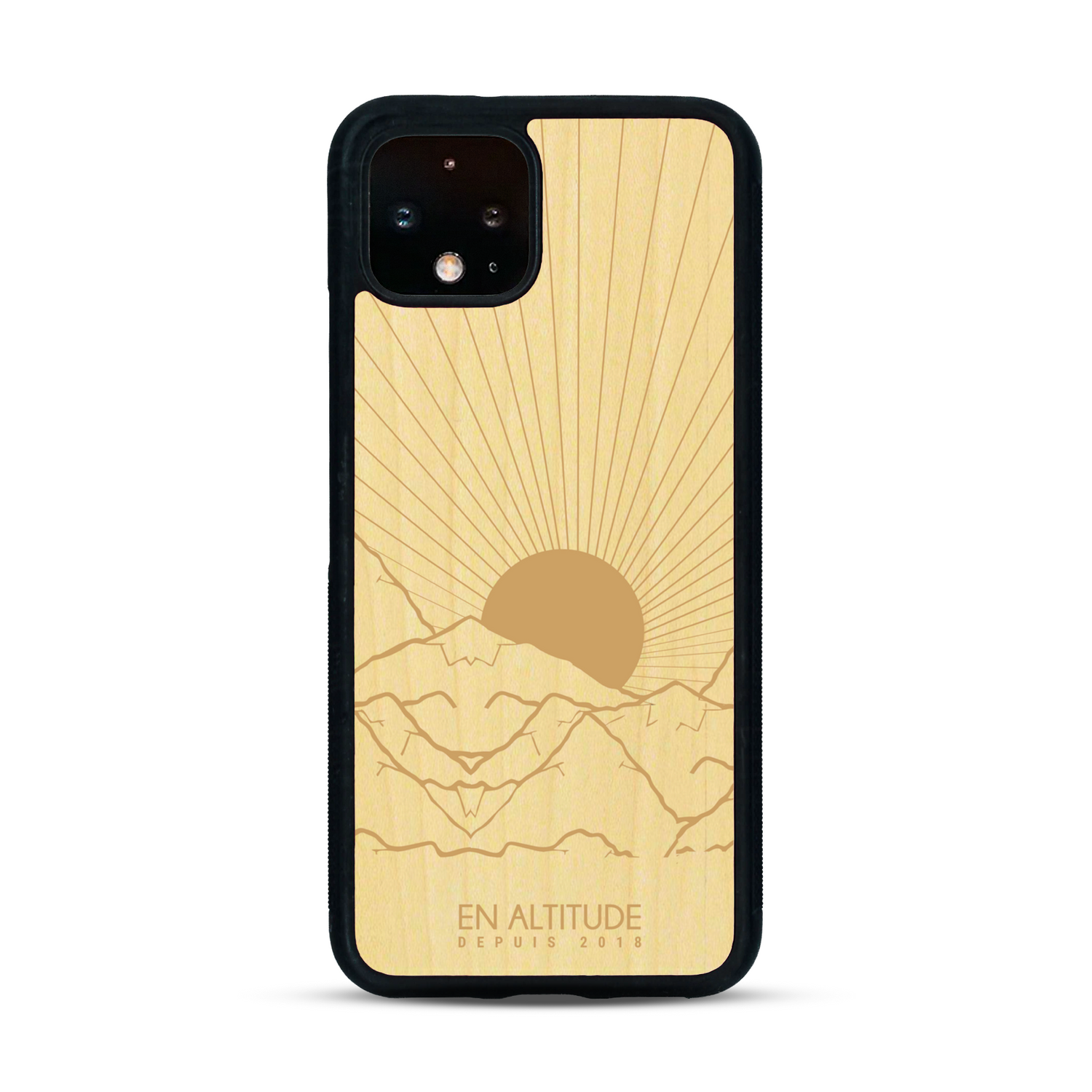 Coque de protection en bois véritable fabriquée en France pour  représentant des montagnes, sur le thème de la randonnée en pleine nature et du trail