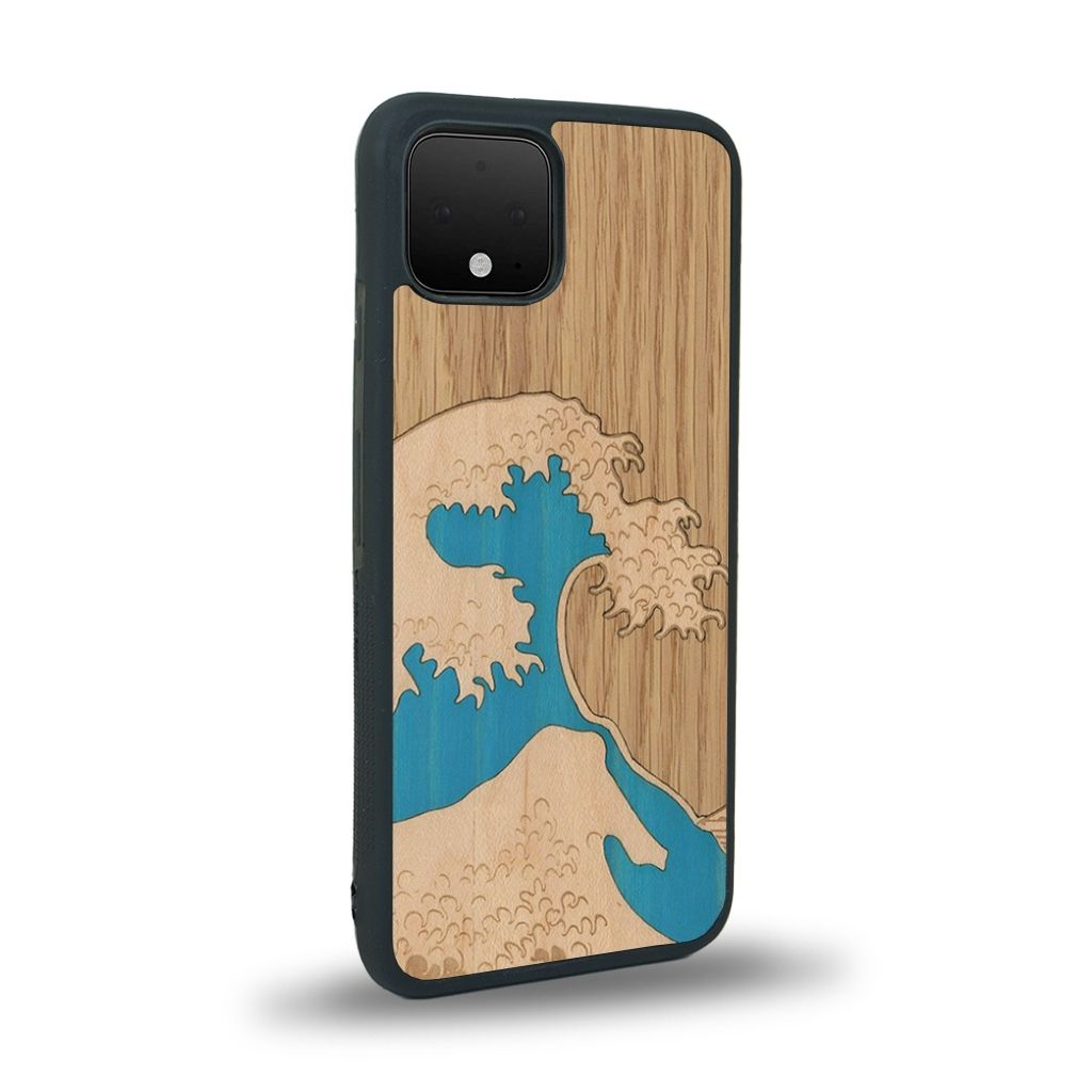 Coque de protection en bois véritable fabriquée en France pour Google Pixel 4 alliant plusieurs essences de bois pour représenter la célèbre grande vague de Kanagawa