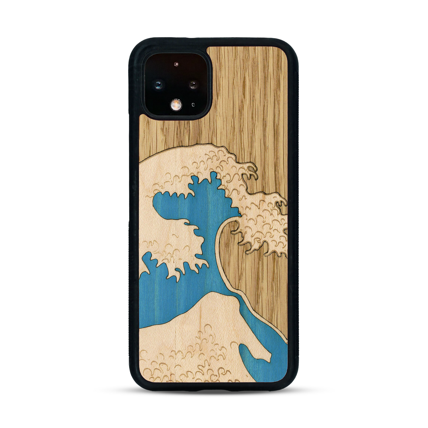 Coque de protection en bois véritable fabriquée en France pour  alliant plusieurs essences de bois pour représenter la célèbre grande vague de Kanagawa