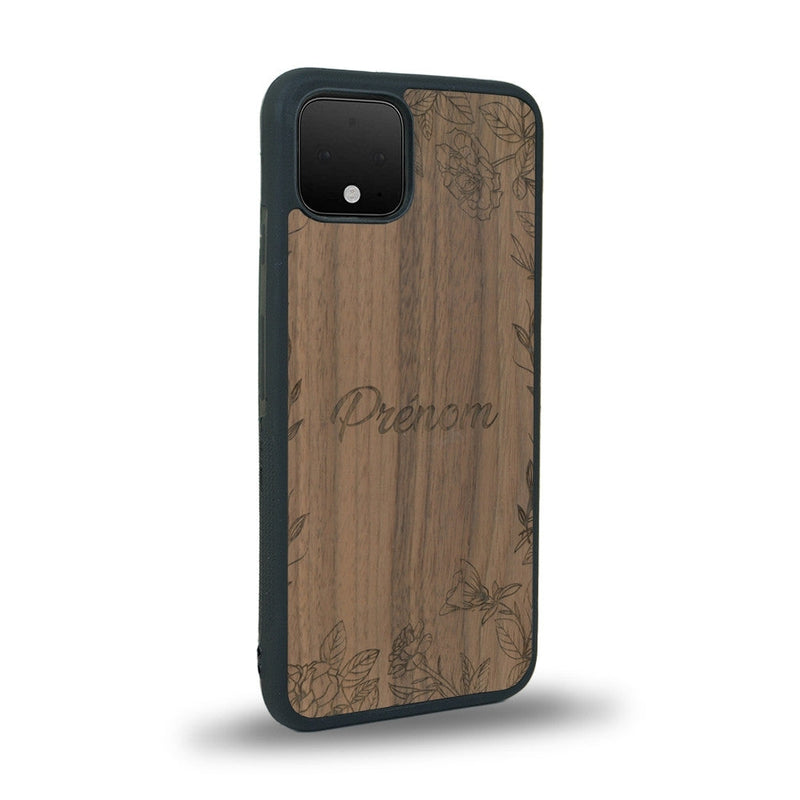 Coque de protection en bois véritable fabriquée en France pour Google Pixel 4 sur le thème de la fête des mères avec un motif représentant des fleurs et des feuilles