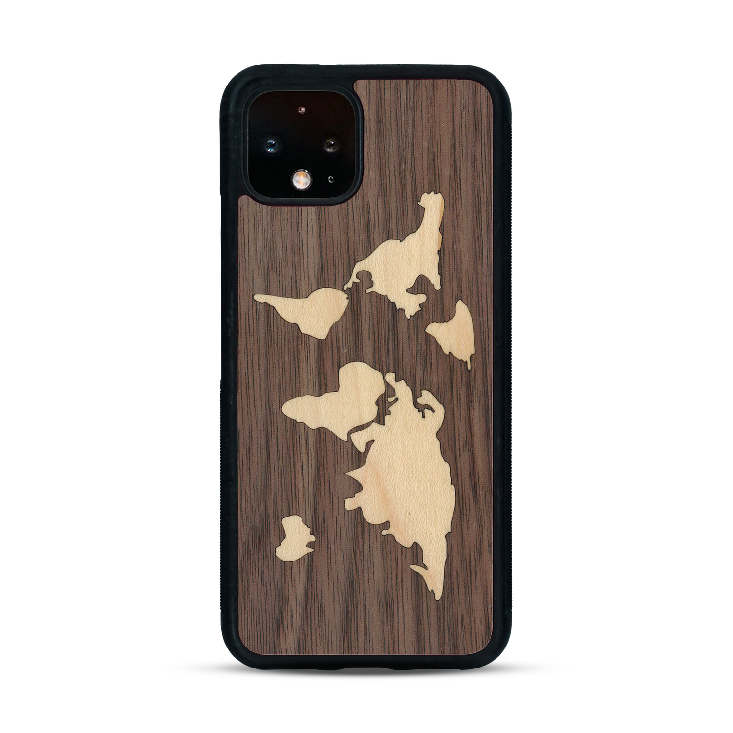 Coque de protection en bois véritable fabriquée en France pour  alliant du bambou et du noyer sur le thème du voyage et de l'aventure représentant une mappemonde