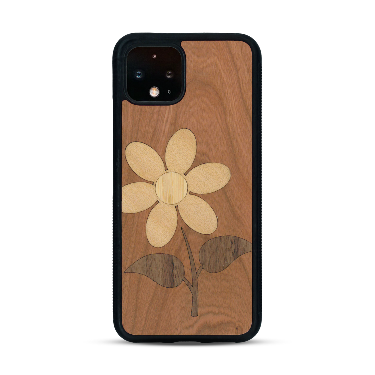 Coque de protection en bois véritable fabriquée en France pour  alliant plusieurs essences de bois pour représenter une marguerite