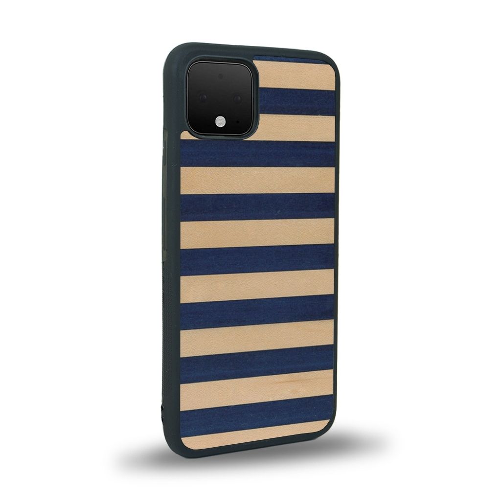 Coque de protection en bois véritable fabriquée en France pour Google Pixel 4 alliant plusieurs essences de bois pour représenter une marinière