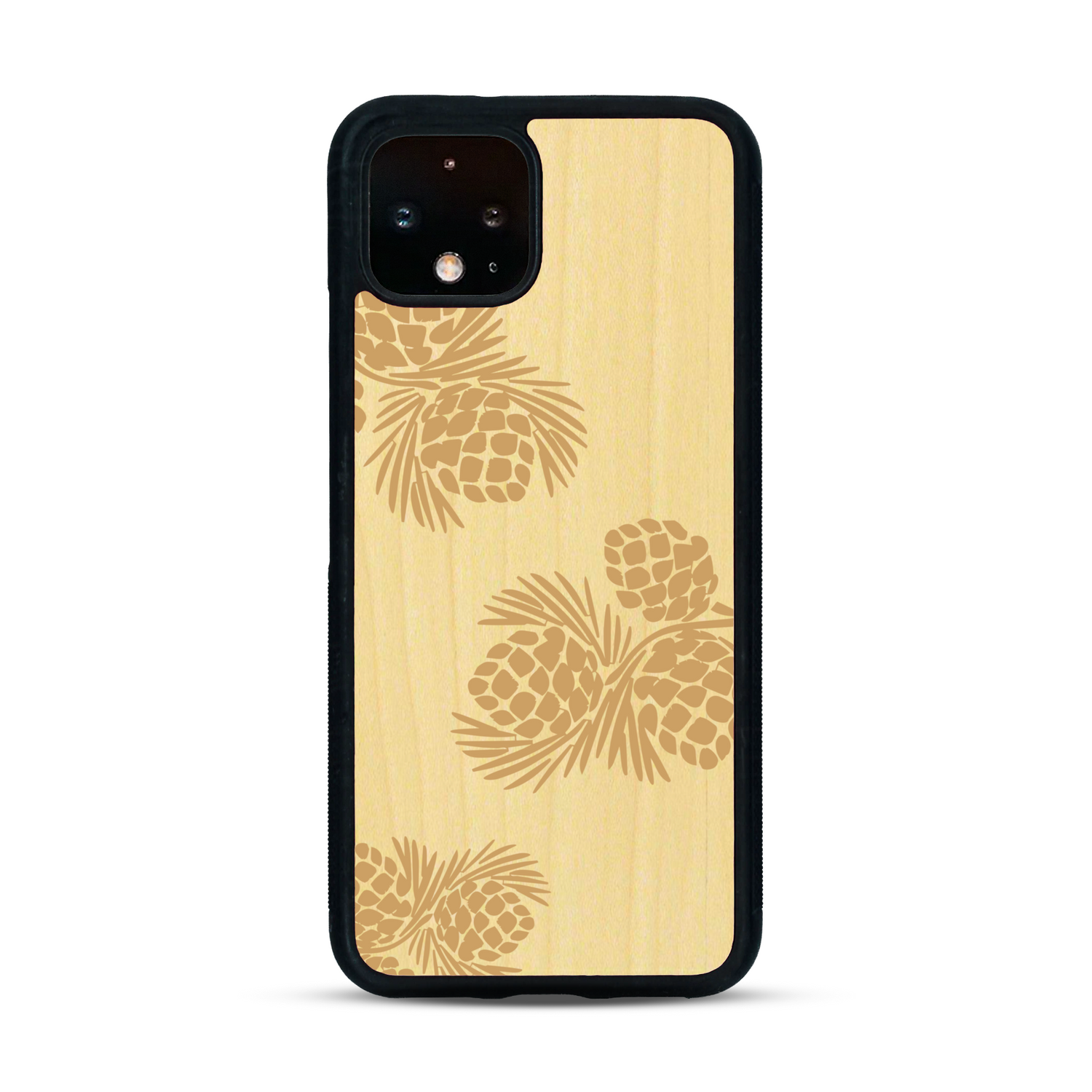 Coque de protection en bois véritable fabriquée en France pour  sur le thème de la nature des arbres avec un motif de gravure représentant des épines de sapin et des pommes de pin