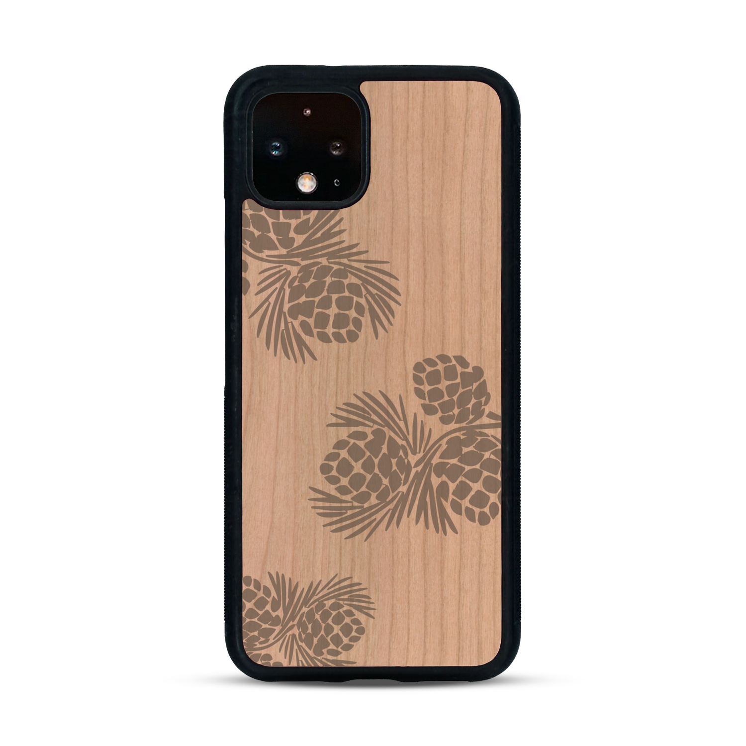 Coque de protection en bois véritable fabriquée en France pour  sur le thème de la nature des arbres avec un motif de gravure représentant des épines de sapin et des pommes de pin