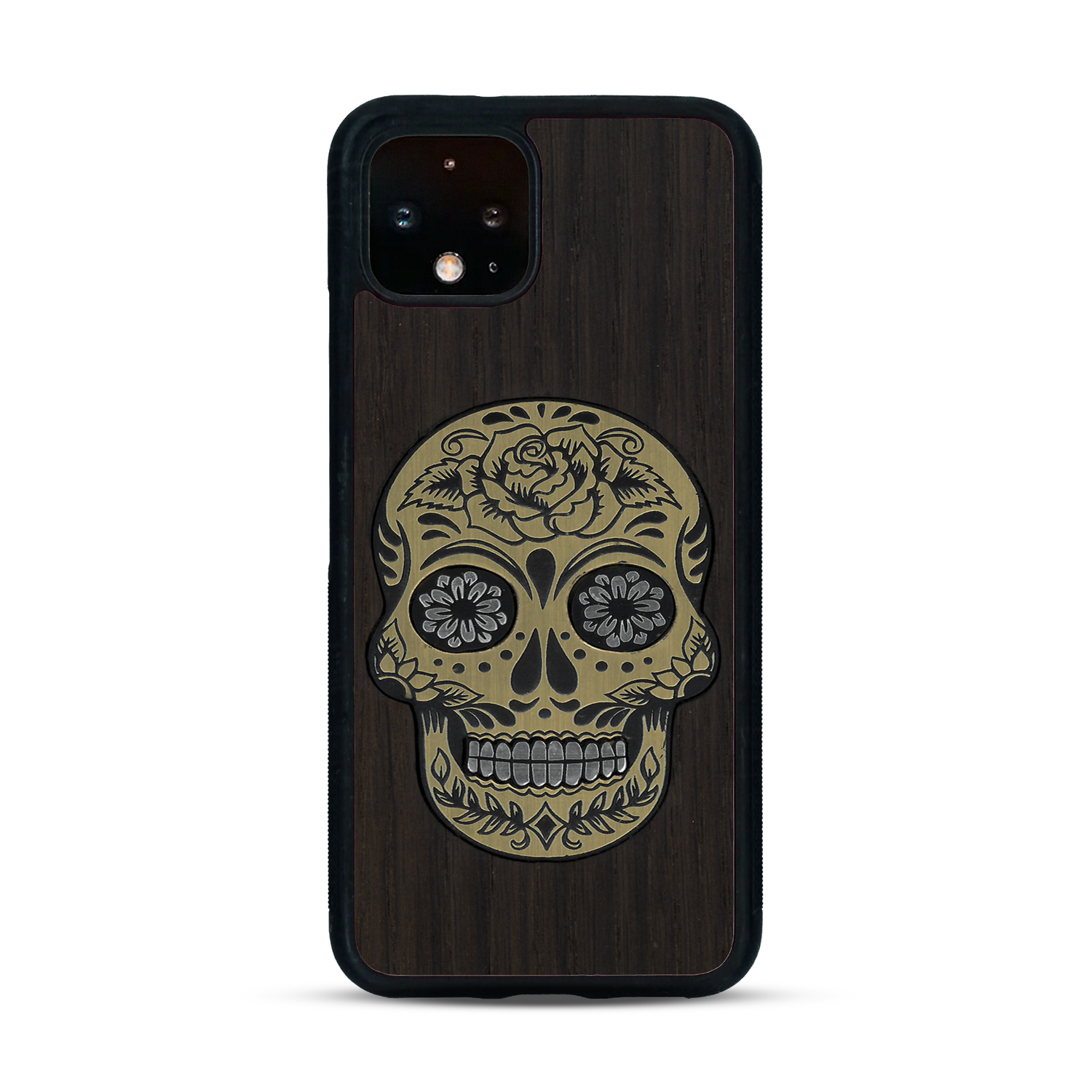 Coque de protection en bois véritable fabriquée en France pour  alliant du chêne fumé avec du métal argenté et doré représentant une tête de mort mexicaine sur le thème Dia de los Muertos