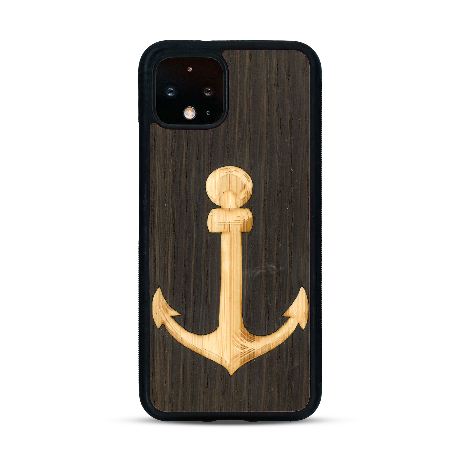 Coque de protection en bois véritable fabriquée en France pour  sur le thème nautique avec un bois clair et un bois foncé représentant une ancre de bateau