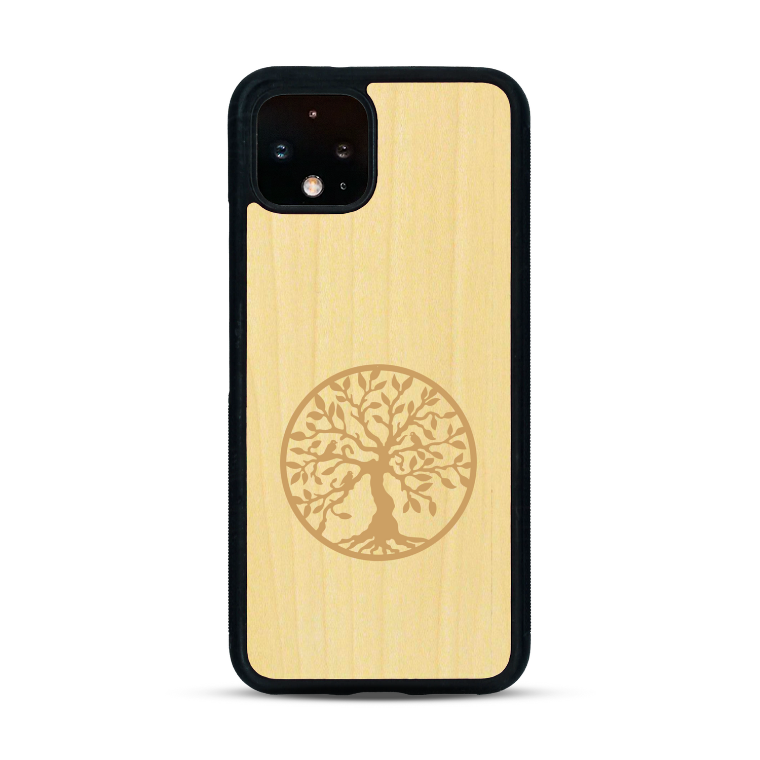 Coque de protection en bois véritable fabriquée en France pour  sur le thème de la spiritualité et du yoga avec une gravure zen représentant un arbre de vie