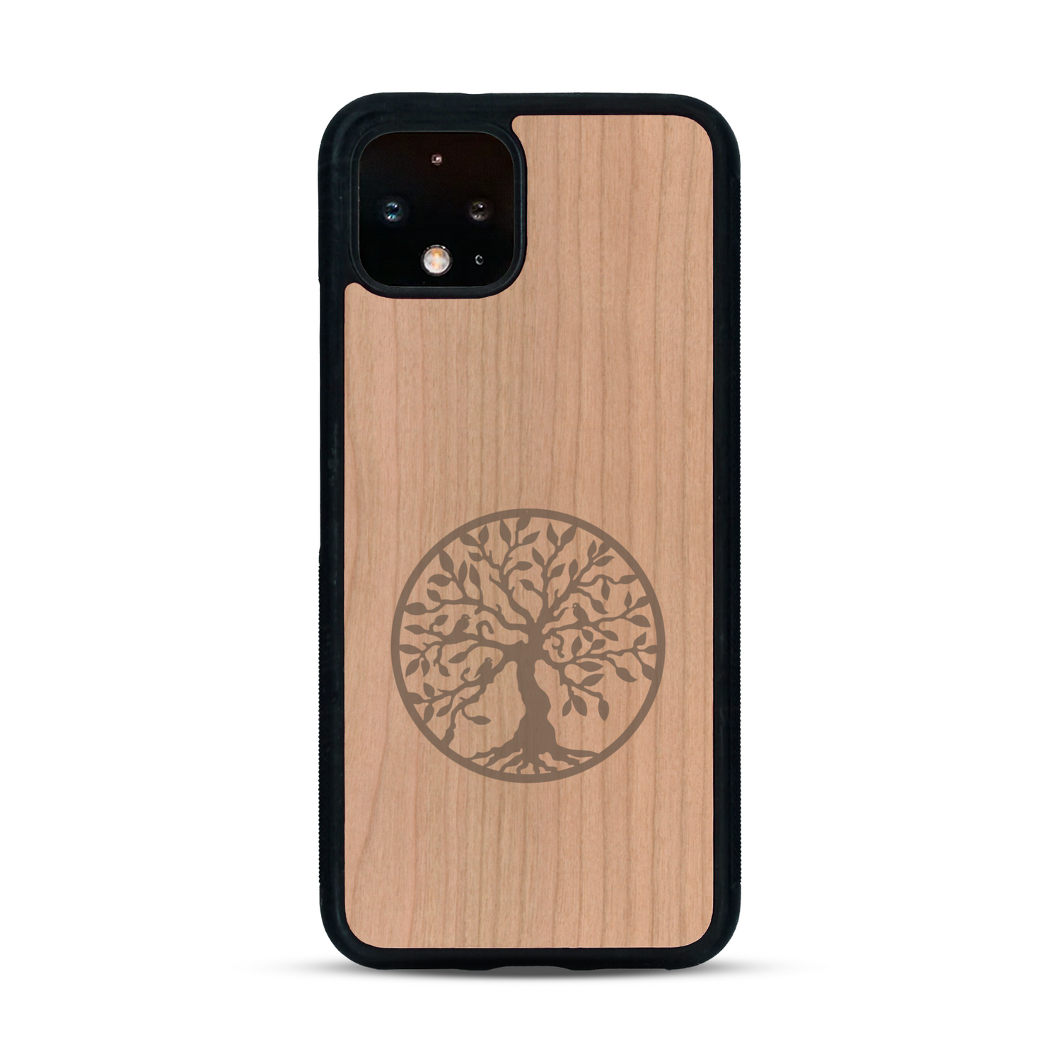 Coque de protection en bois véritable fabriquée en France pour  sur le thème de la spiritualité et du yoga avec une gravure zen représentant un arbre de vie
