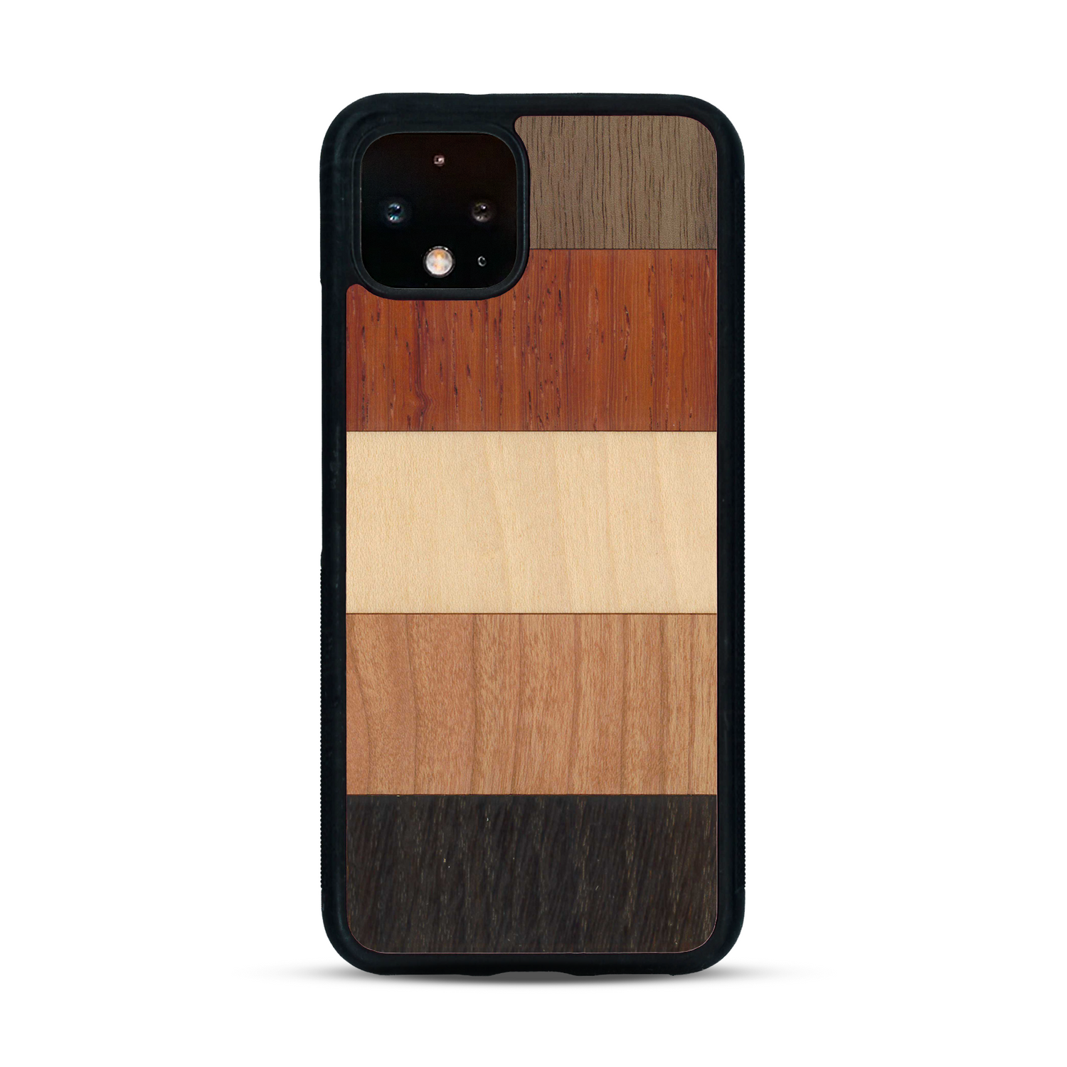 Coque de protection en bois véritable fabriquée en France pour  alliant des bandes horizontales de bambou, merisier, padouk, noyer et chêne fumé