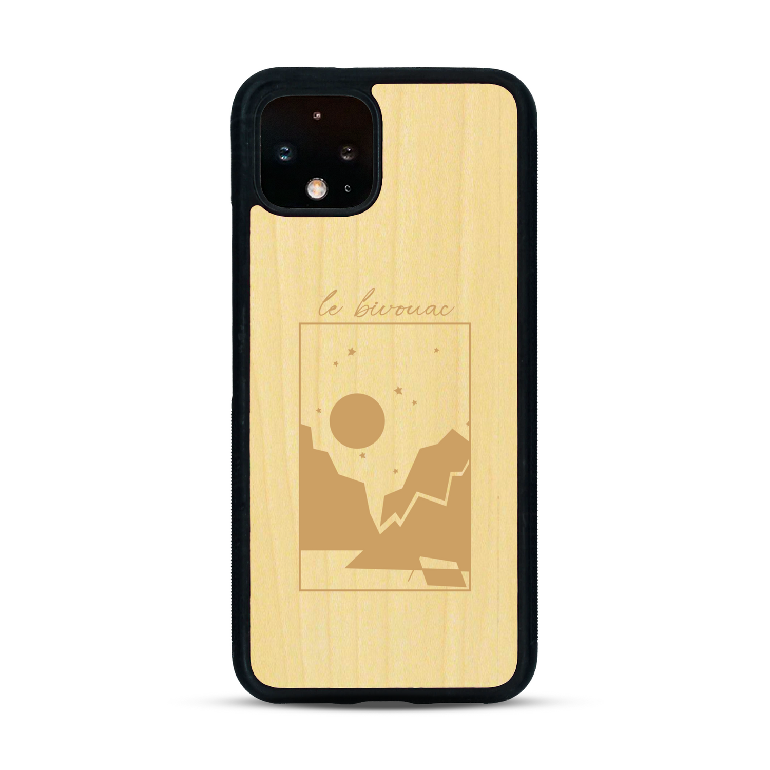 Coque de protection en bois véritable fabriquée en France pour  sur le thème du camping en pleine nature et du bivouac avec la phrase "Aventure is out there"