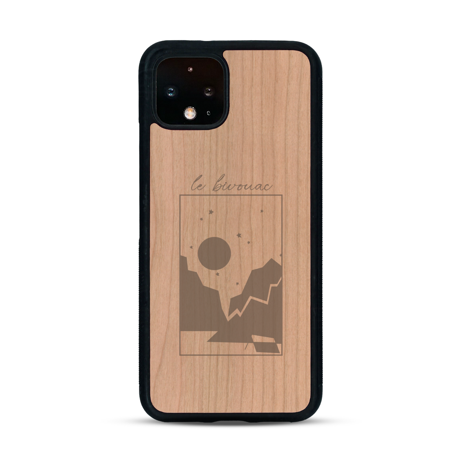 Coque de protection en bois véritable fabriquée en France pour  sur le thème du camping en pleine nature et du bivouac avec la phrase "Aventure is out there"