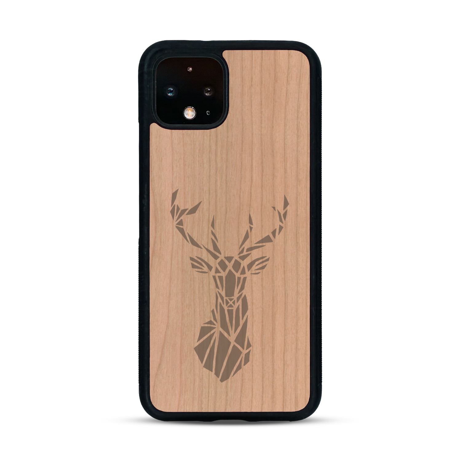 Coque de protection en bois véritable fabriquée en France pour  sur le thème de la nature et des animaux représentant une tête de cerf gométrique avec un design moderne et minimaliste
