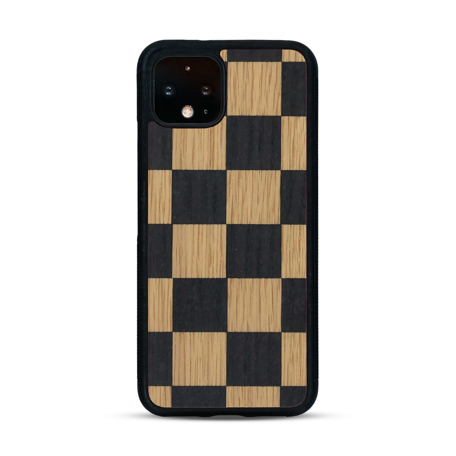 Coque de protection en bois véritable fabriquée en France pour  alliant plusieurs essences de bois pour représenter un damier