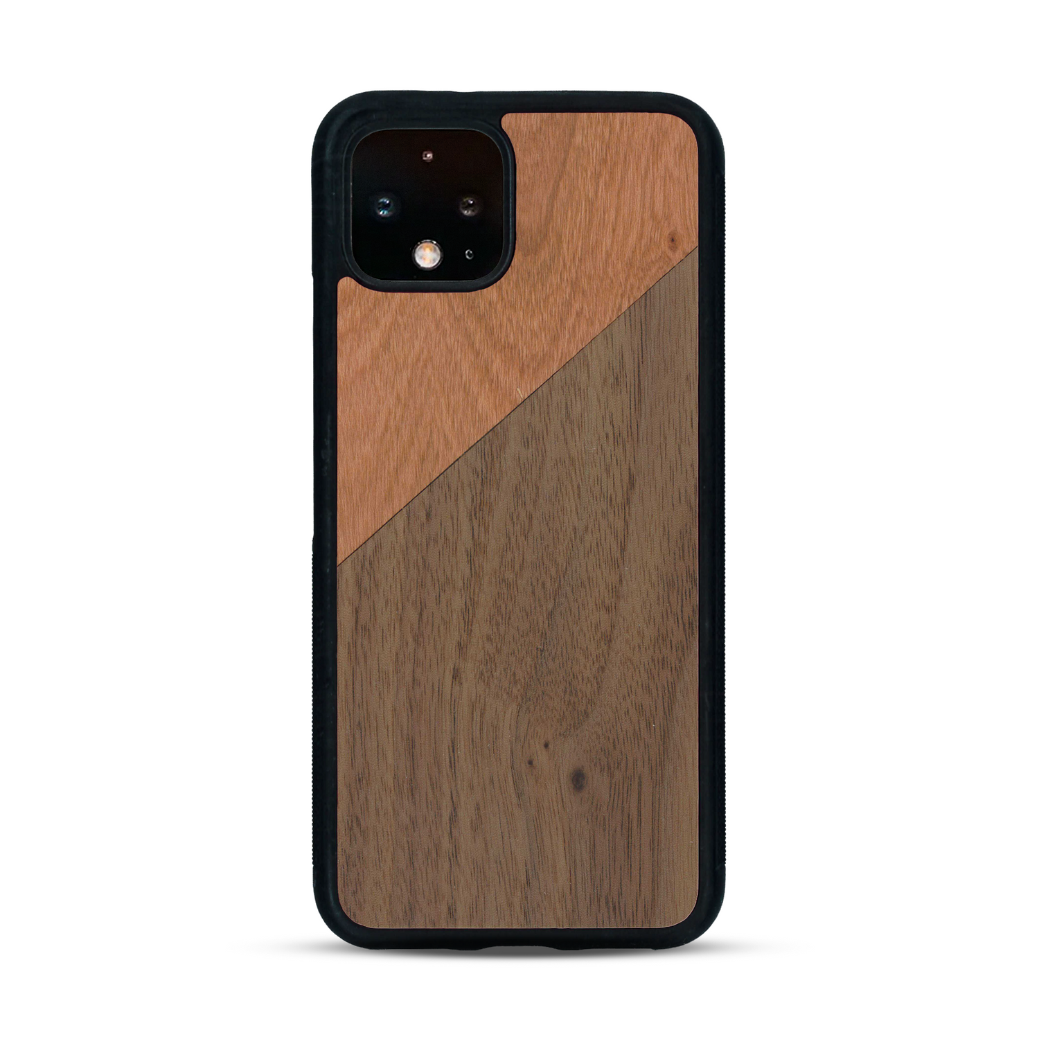 Coque de protection en bois véritable fabriquée en France pour  alliant du merisier et du noyer formant chacun un triangle avec une jointure en diagonale sur le thème de l'art abstrait