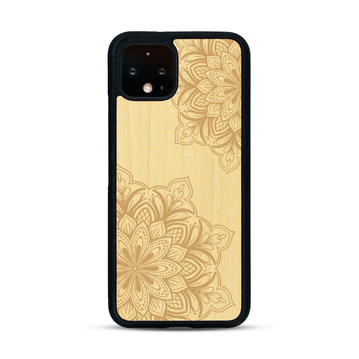 Coque de protection en bois véritable fabriquée en France pour  sur le thème de la bohème et du tatouage au henné avec une gravure représentant un mandala