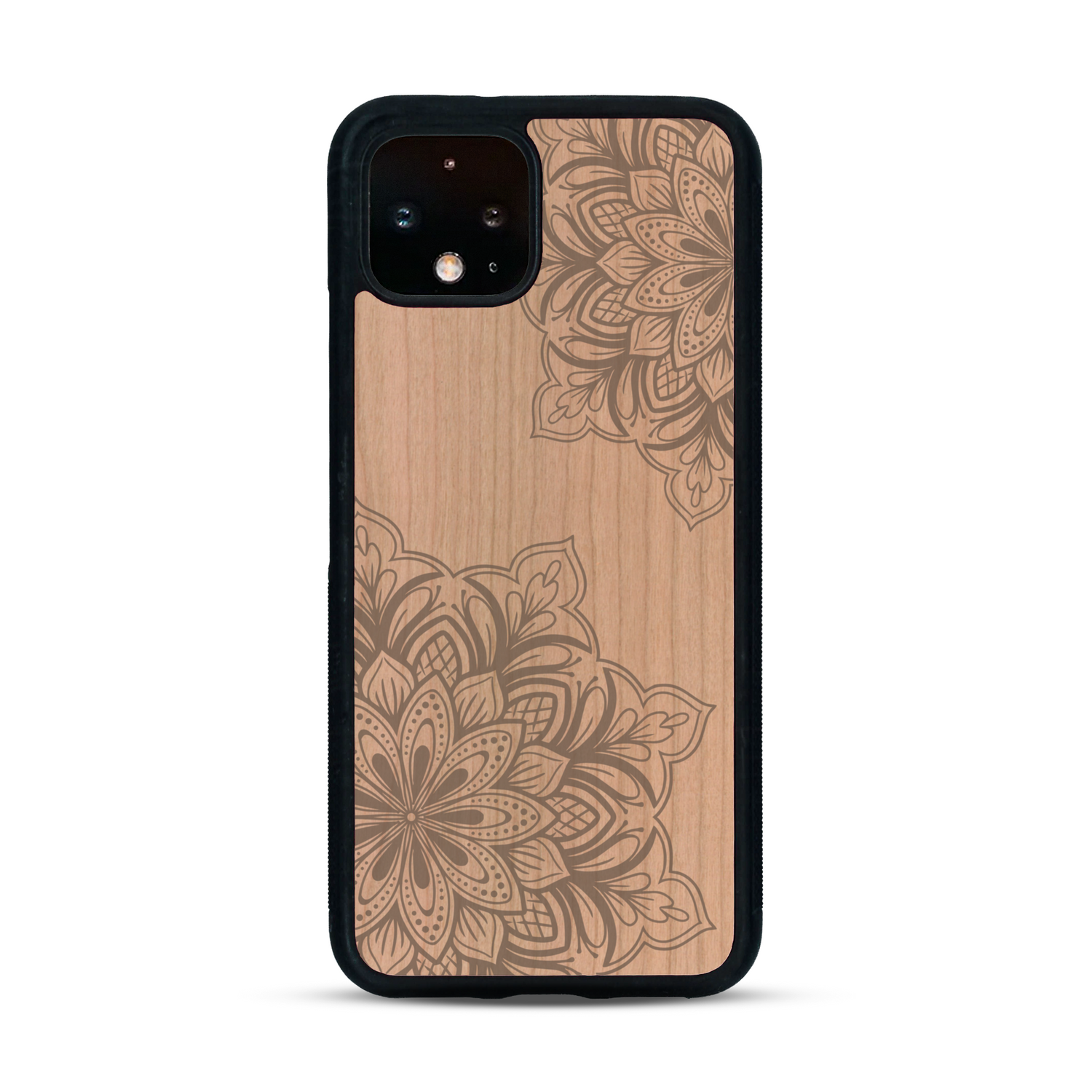 Coque de protection en bois véritable fabriquée en France pour  sur le thème de la bohème et du tatouage au henné avec une gravure représentant un mandala