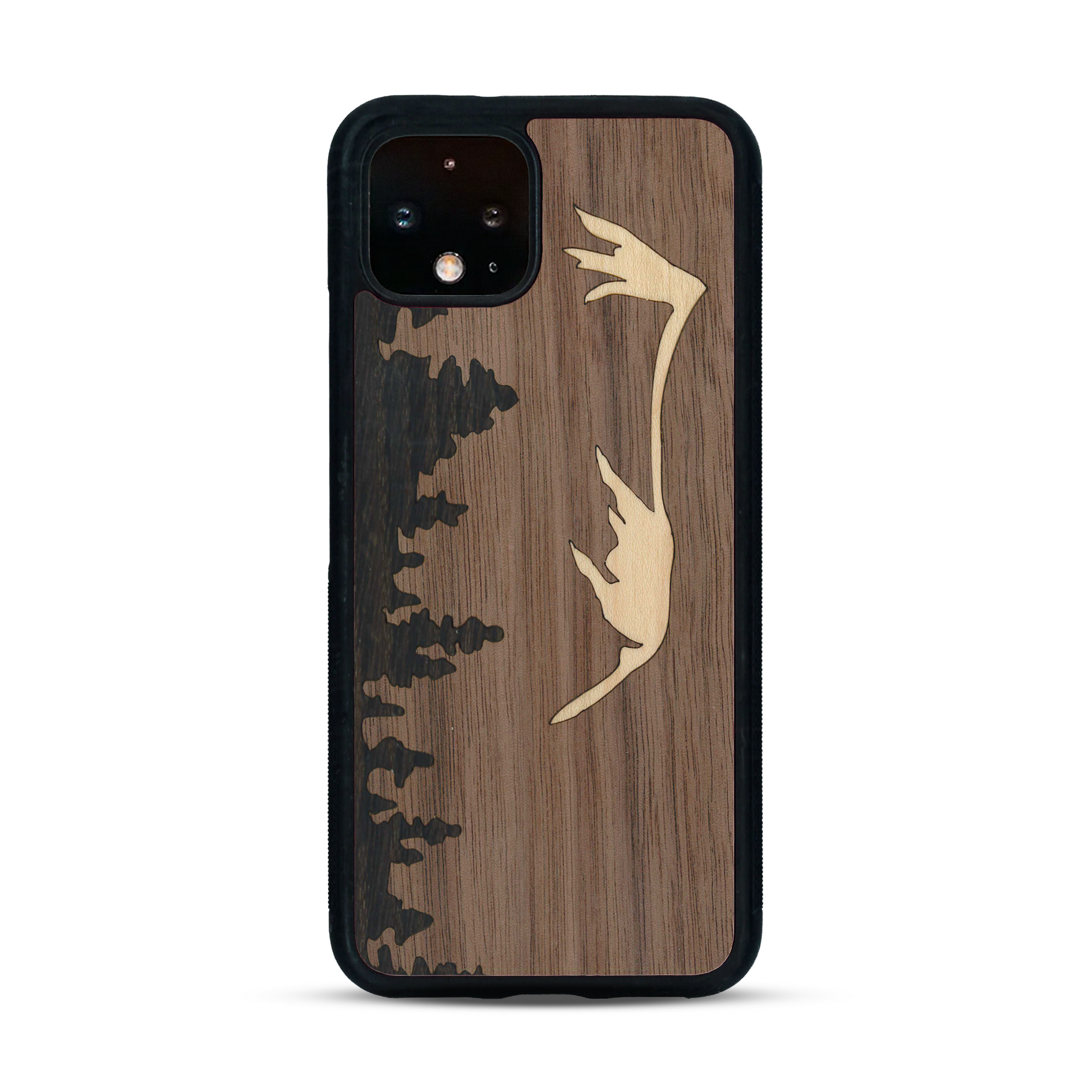 Coque de protection en bois véritable fabriquée en France pour  sur le thème de la nature et de la montagne qui allie du chêne fumé, du noyer et du bambou représentant le mont mézenc