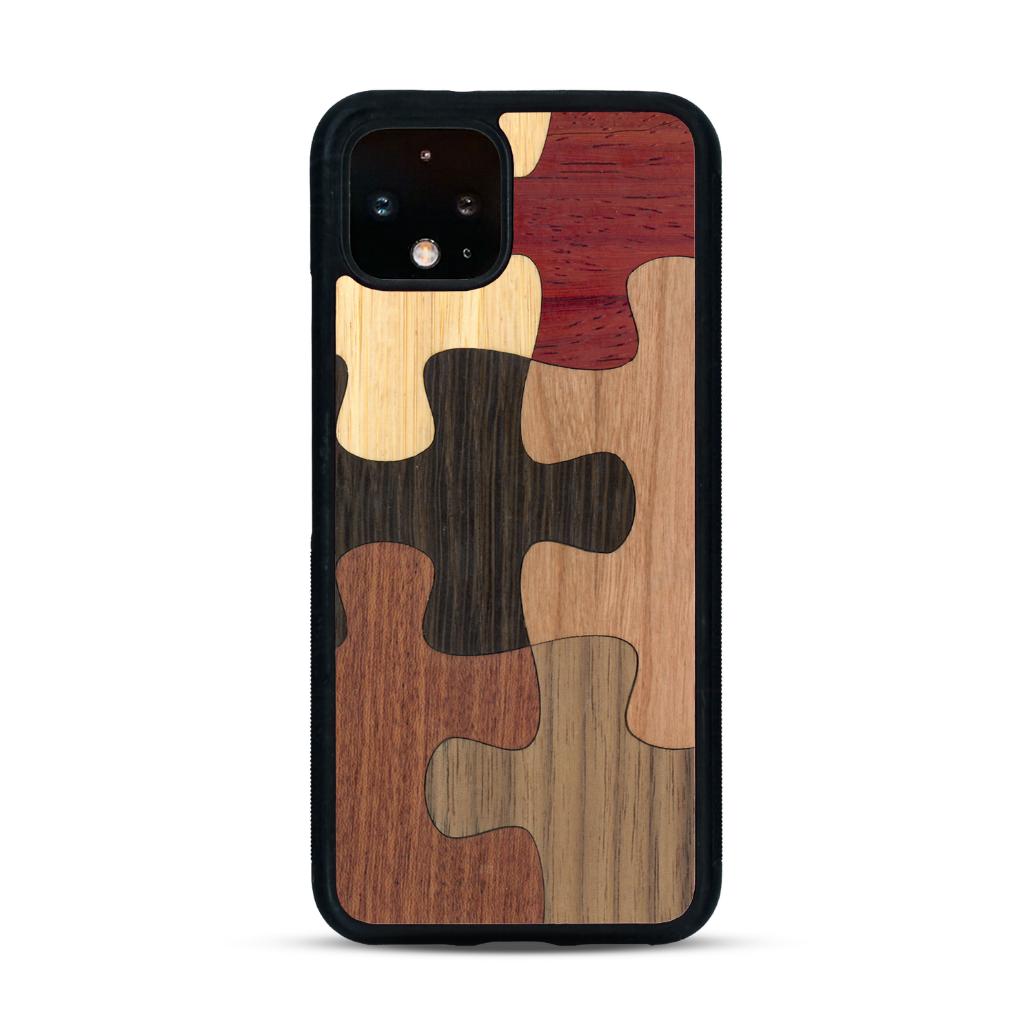 Coque de protection en bois véritable fabriquée en France pour  représentant un puzzle en six pièces qui allie du chêne fumé, du noyer, du bambou, du padouk, du merisier et de l'acajou