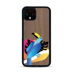 Coque de protection en bois véritable fabriquée en France pour Google Pixel 4 représentant un toucan coloré avec un design moderne et minimaliste sur le thème de la jungle et de la nature