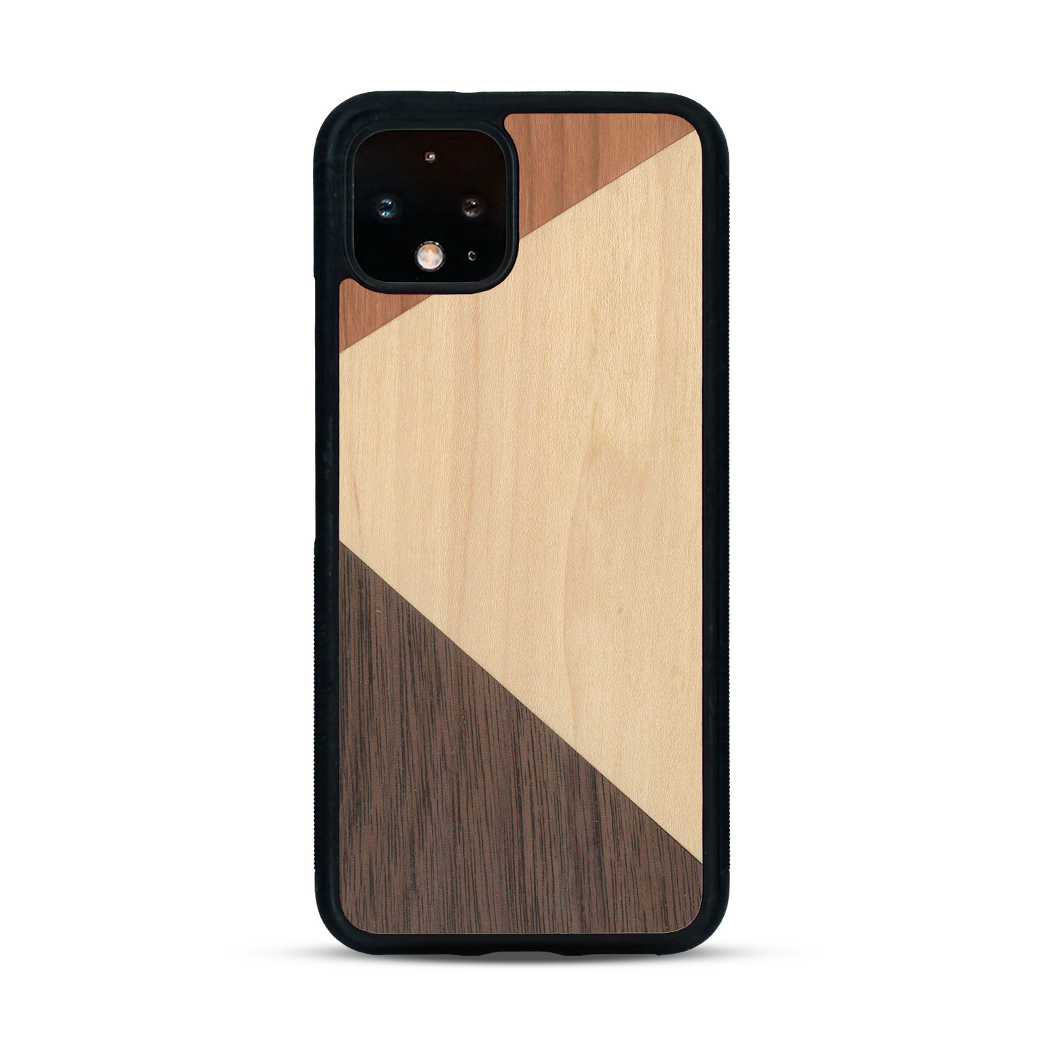 Coque de protection en bois véritable fabriquée en France pour  alliant du merisier, du noyer et du bambou formant chacun deux triangles et un trapèze avec deux jointures en diagonale sur le thème de l'art abstrait
