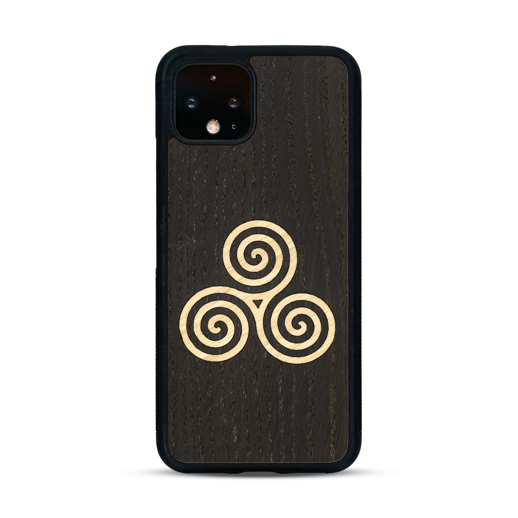 Coque de protection en bois véritable fabriquée en France pour  alliant du chêne fumé et du bambou et doré représentant un triskell