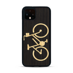 Coque de protection en bois véritable fabriquée en France pour  sur le theme du vélo et de l'outdoor qui allie du bambou et du chêne fumé représentant un vélo