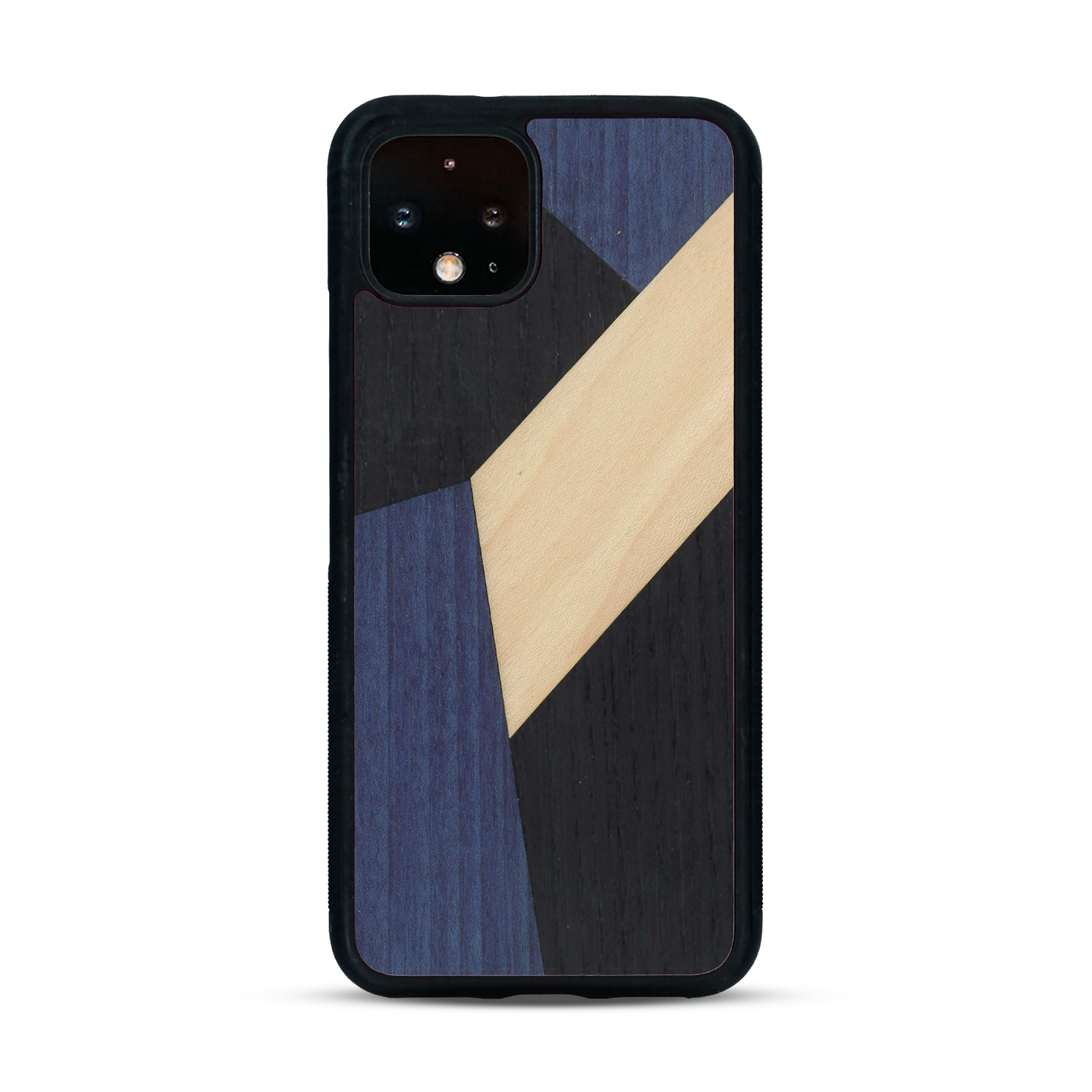Coque de protection en bois véritable fabriquée en France pour  alliant du bambou, du tulipier bleu et noir en forme de mosaïque minimaliste sur le thème de l'art abstrait