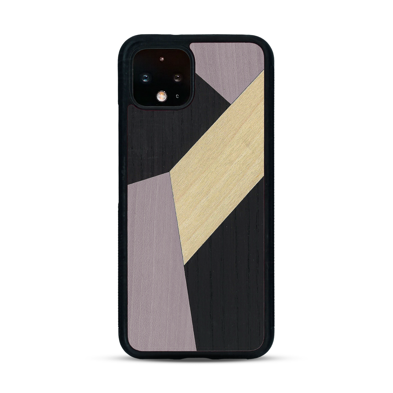 Coque de protection en bois véritable fabriquée en France pour  alliant du bambou, du tulipier mauve et noir en forme de mosaïque minimaliste sur le thème de l'art abstrait