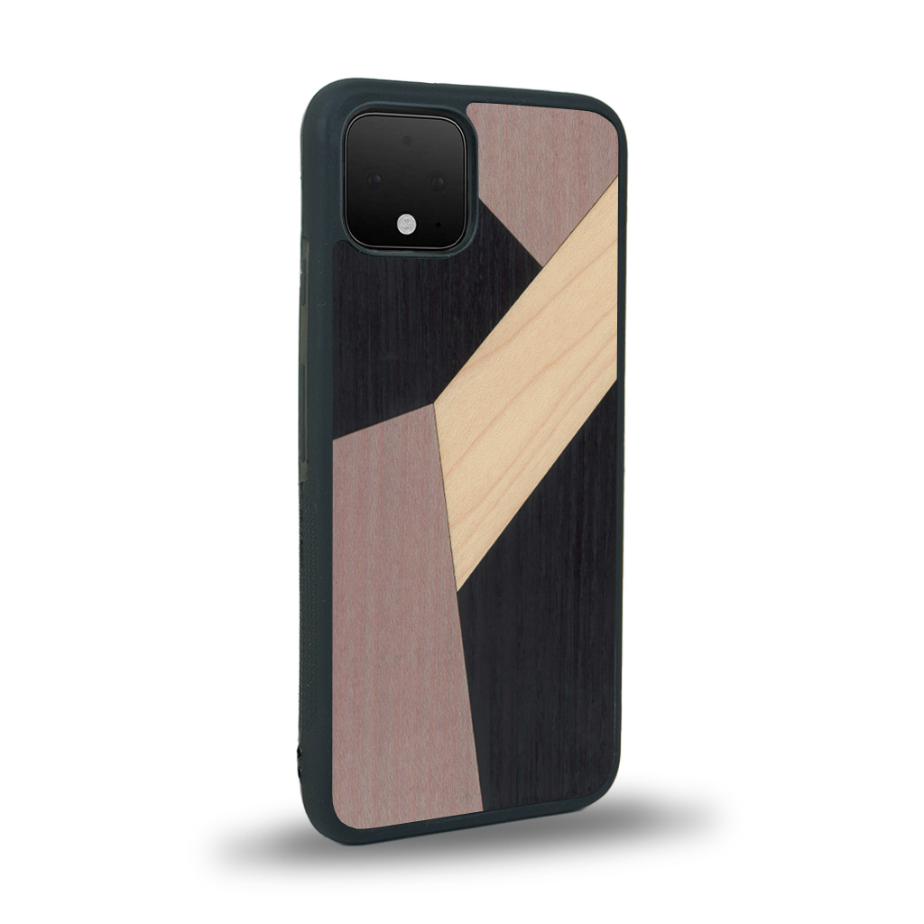 Coque de protection en bois véritable fabriquée en France pour Google Pixel 4 alliant du bambou, du tulipier mauve et noir en forme de mosaïque minimaliste sur le thème de l'art abstrait
