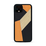 Coque de protection en bois véritable fabriquée en France pour  alliant du bambou, du tulipier orange et noir en forme de mosaïque minimaliste sur le thème de l'art abstrait