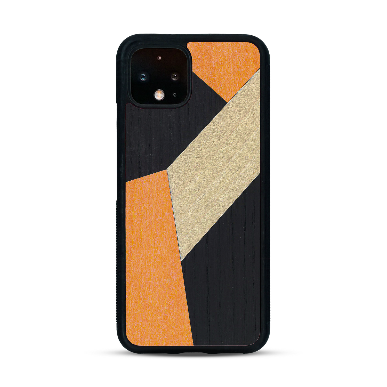 Coque de protection en bois véritable fabriquée en France pour  alliant du bambou, du tulipier orange et noir en forme de mosaïque minimaliste sur le thème de l'art abstrait