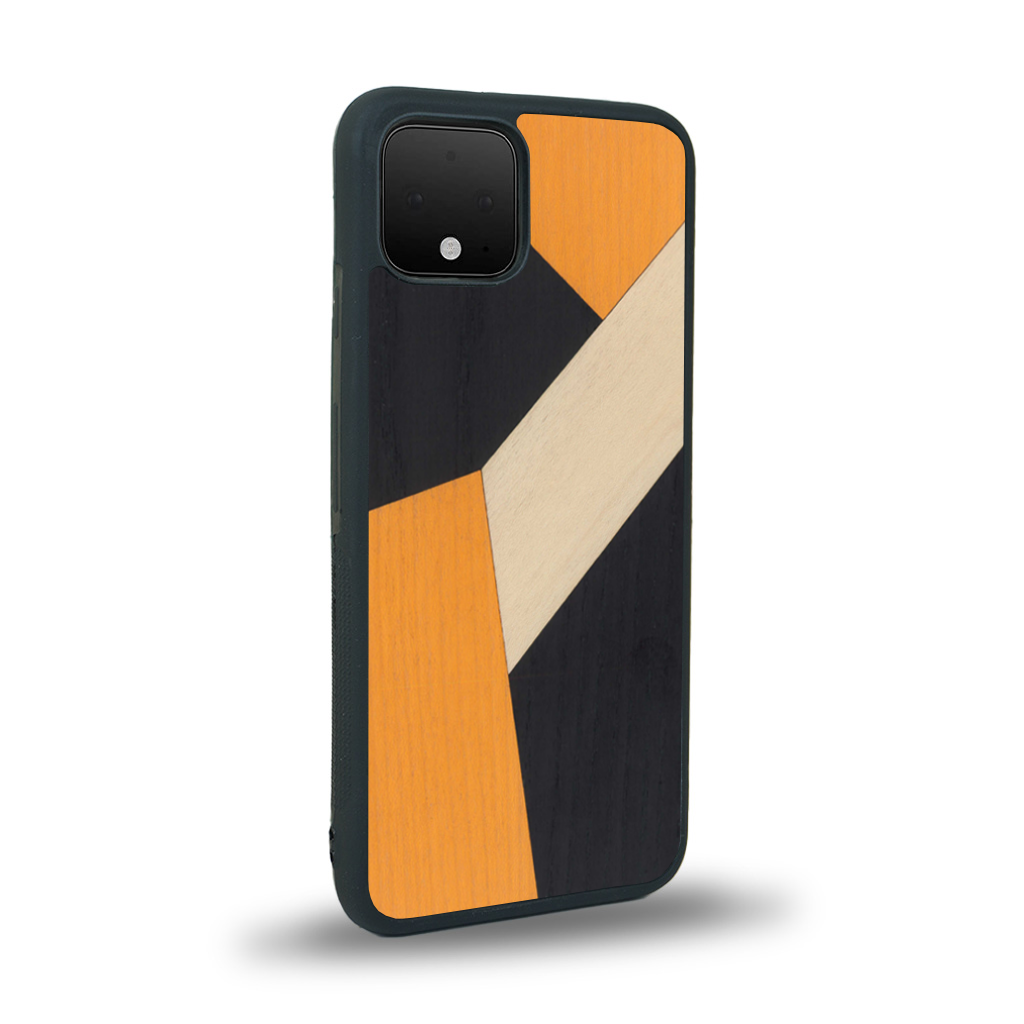Coque de protection en bois véritable fabriquée en France pour Google Pixel 4 alliant du bambou, du tulipier orange et noir en forme de mosaïque minimaliste sur le thème de l'art abstrait