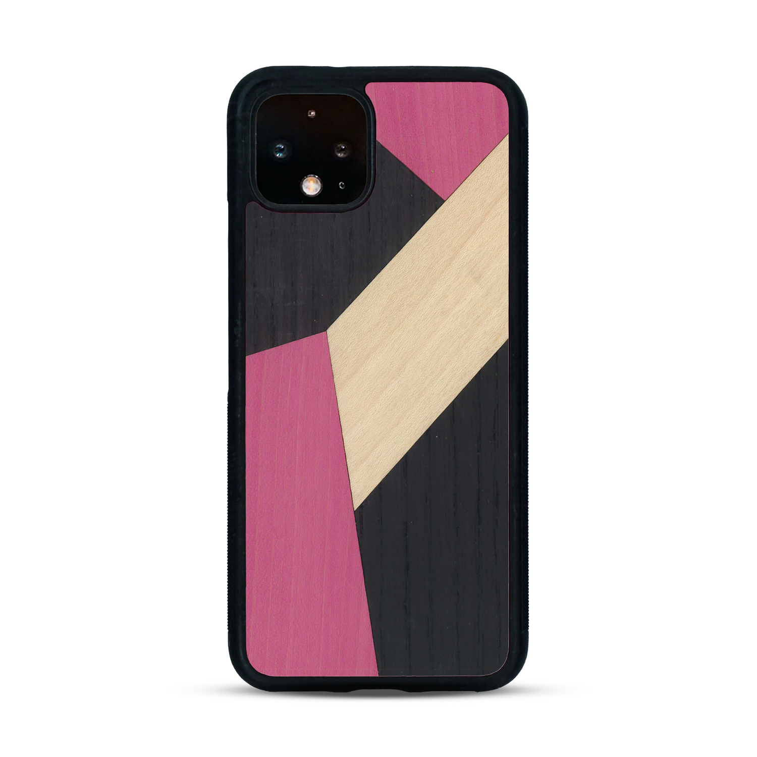 Coque de protection en bois véritable fabriquée en France pour  alliant du bambou, du tulipier rose et noir en forme de mosaïque minimaliste sur le thème de l'art abstrait
