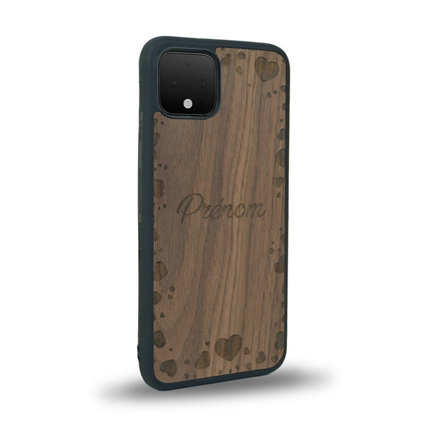 Coque de protection en bois véritable fabriquée en France pour Google Pixel 4 sur le thème de la fête des mères avec un motif représentant des coeurs et des feuilles